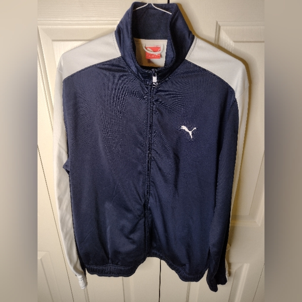 Puma Sport Lifestyle Slick Polyester Navy Blue & White Track Jacket Men's L